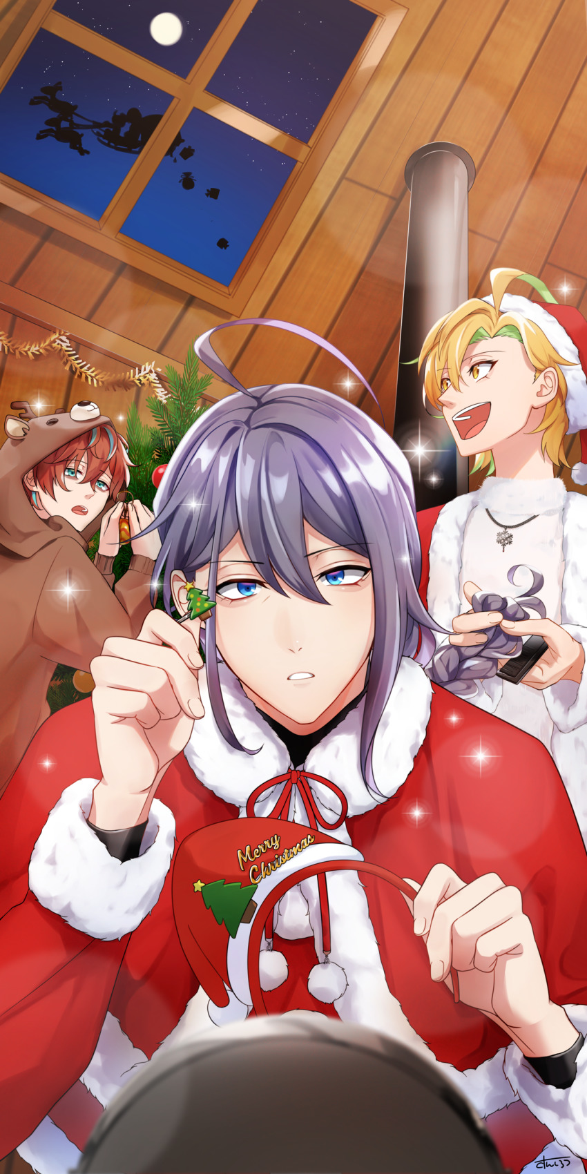 3boys :d absurdres ahoge blonde_hair blue_eyes blue_hair braiding_hair christmas_tree commentary deer_costume gift green_hair hairdressing hand_up hat highres hypnosis_mic indoors izanami_hifumi jinguji_jakurai kannonzaka_doppo long_hair male_focus matenro_(hypnosis_mic) moon multicolored_hair multiple_boys night open_mouth ornament purple_hair red_hair red_headwear reindeer santa_hat short_hair sidelocks silhouette skylight sleigh smile snowflake_necklace sunsirou unworn_hat unworn_headwear very_long_hair yellow_eyes