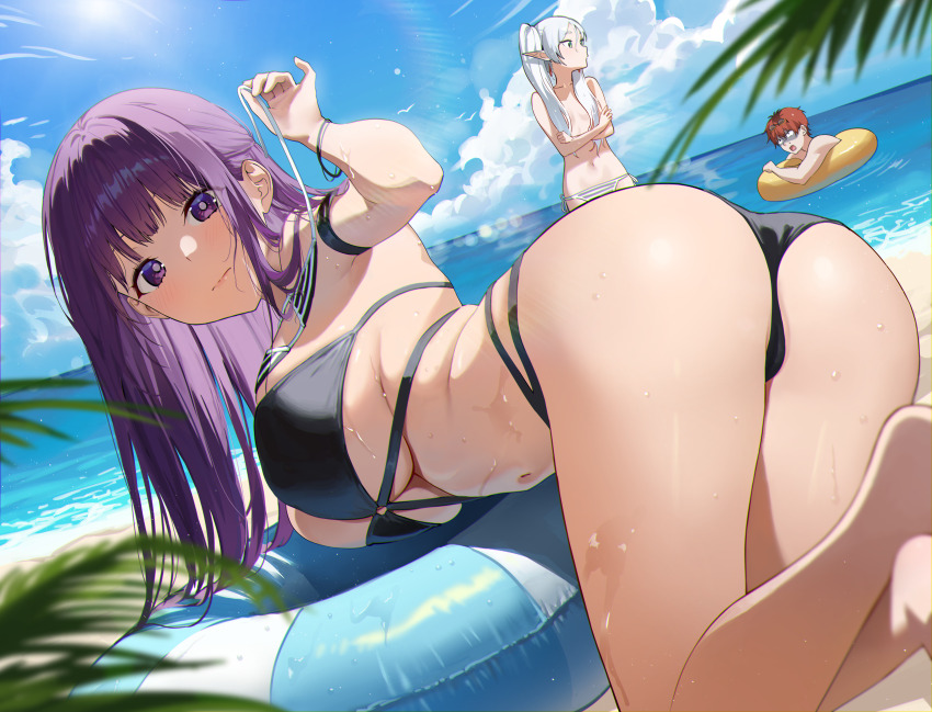 1boy 2girls absurdres arm_strap ass ayoni_623 beach bikini black_bikini breasts fern_(sousou_no_frieren) frieren highres large_breasts long_hair looking_at_viewer multiple_girls navel ocean outdoors purple_eyes purple_hair sousou_no_frieren stark_(sousou_no_frieren) swimsuit thighs topless_female unworn_bikini_top wet white_hair
