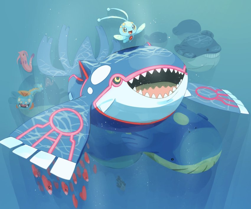 :d black_sclera colored_sclera gen_3_pokemon gen_4_pokemon gorebyss green_eyes highres huntail kyogre legendary_pokemon looking_up luvdisc manaphy mythical_pokemon nintendo no_humans open_mouth pokemon pokemon_(creature) relicanth sharp_teeth smile teeth tongue torinoko_(miiko_draw) underwater wailord yellow_eyes yellow_sclera