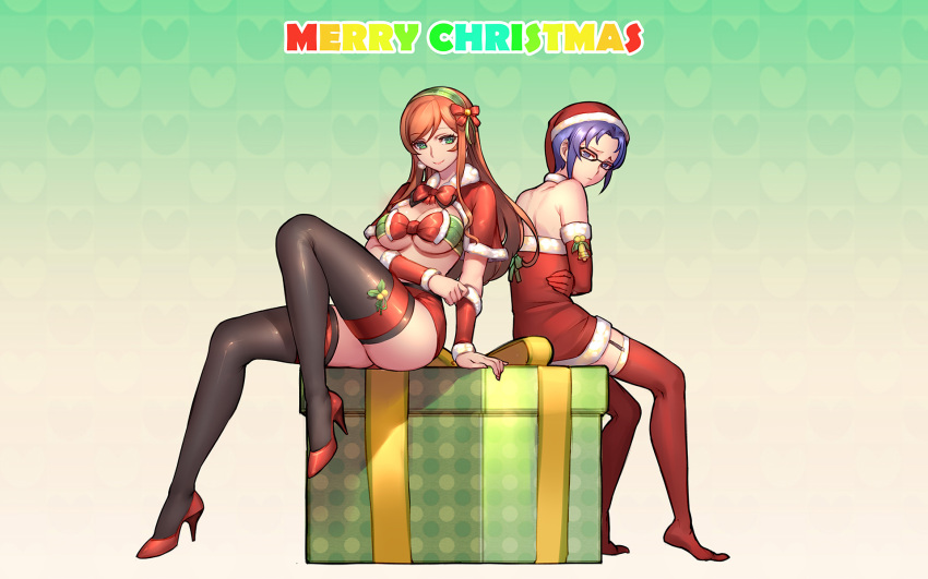 10s 1boy 1girl blue_eyes breasts choker christmas cleavage crossdressing garter_straps gift glasses gundam gundam_build_fighters gundam_build_fighters_try headband high_heels highres kamiki_mirai kousaka_yuuma large_breasts leg_up legs long_hair long_legs merry_christmas orange_hair purple_eyes purple_hair ryushin santa_costume short_hair sitting thighhighs thighs underboob