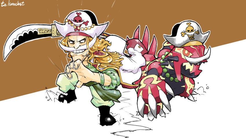 bead_necklace beads black_footwear black_teeth blacknirrow blonde_hair claws clothed_pokemon commission crack crossover edward_newgate facial_hair gen_3_pokemon green_shirt grin groudon hat highres holding holding_sword holding_weapon jacket jewelry legendary_pokemon mustache necklace nintendo one_piece open_clothes open_jacket open_mouth orange_eyes outline pants pirate_hat pixiv_commission pokemon pokemon_(creature) primal_groudon sharp_teeth shirt simple_background smile standing sword teeth two-tone_background v-shaped_eyebrows weapon white_hat white_jacket white_outline white_pants yellow_eyes