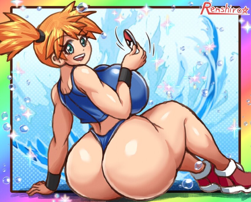 1girl aqua_eyes ass asymmetrical_hair blush breasts crop_top curvy female_focus from_behind game_freak gen_1_pokemon gym_leader highres holding holding_poke_ball huge_ass huge_breasts legs looking_at_viewer looking_back misty_(pokemon) nintendo open_mouth orange_hair poke_ball poke_ball_(basic) pokemon pokemon_frlg pokemon_tcg pokemon_tcg_pocket ponytail shiny_skin shirt shoes short_hair short_shorts shorts side_ponytail sitting smile solo swimsuit tank_top thick_thighs thighs thong tonshirou_(christar) underwear water wide_hips
