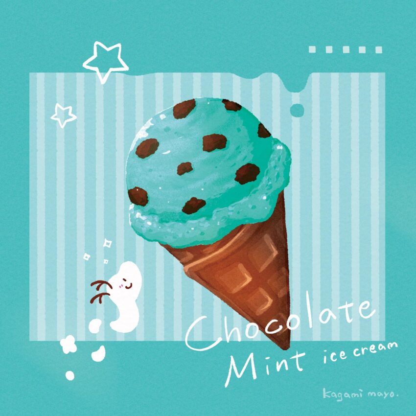 chocolate_chip commentary_request dessert food food_focus food_name green_background green_theme highres ice_cream ice_cream_cone kagami_mayo mint_chocolate mint_chocolate_(razschi) no_humans original star_(symbol) still_life sweets waffle_cone