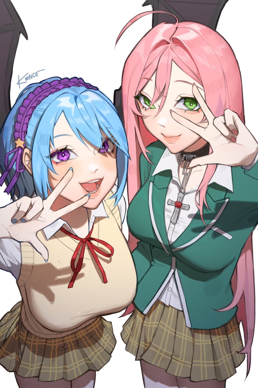 2girls akashiya_moka black_choker black_wings blue_hair blue_nails breasts brown_skirt choker closed_mouth collared_shirt commentary cross cross_necklace demon_girl demon_wings english_commentary frilled_hairband frills from_above green_eyes green_jacket hairband highres jacket jewelry kurono_kurumu kwnce large_breasts long_hair multiple_girls neck_ribbon necklace open_mouth pink_hair pink_nails plaid_clothes plaid_skirt purple_eyes purple_hairband red_ribbon ribbon rosario+vampire school_uniform shirt short_hair signature skirt smile sweater_vest very_long_hair w white_shirt wings yellow_sweater_vest youkai_academy_school_uniform