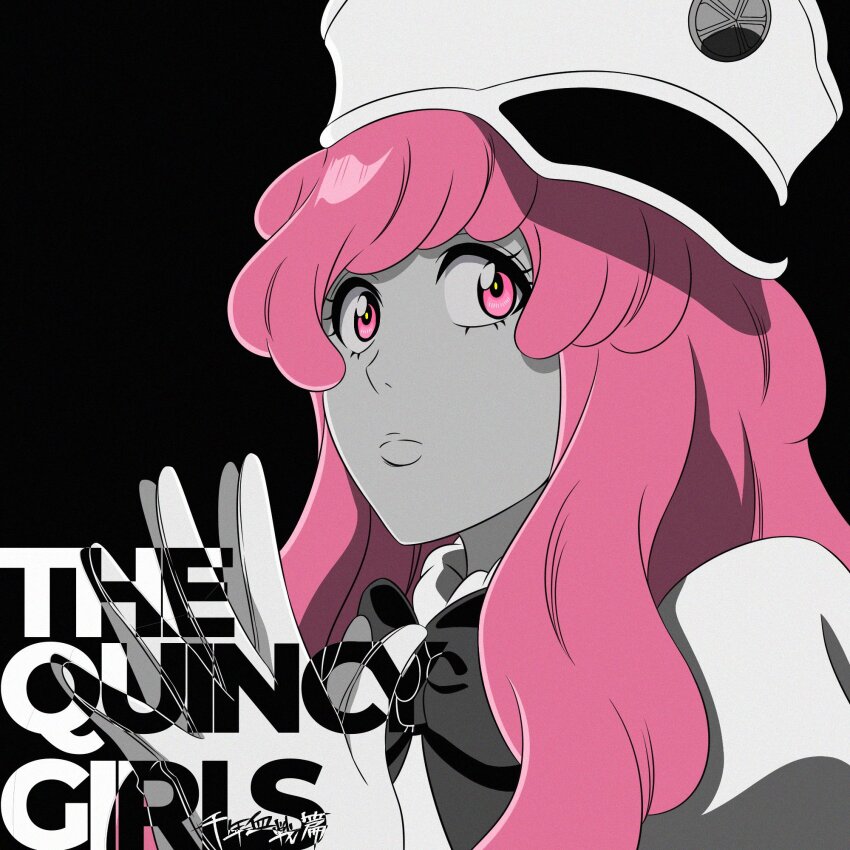 1girl black_background bleach bleach:_sennen_kessen-hen close-up closed_mouth commentary_request copyright_name english_text expressionless eyelashes gloves greyscale hat highres lips long_hair looking_at_viewer meninas_mcallon military_hat monochrome official_style own_hands_together pink_eyes pink_hair simple_background solo spot_color steepled_fingers tareme white_gloves white_hat yuuta_(yuuta0312)