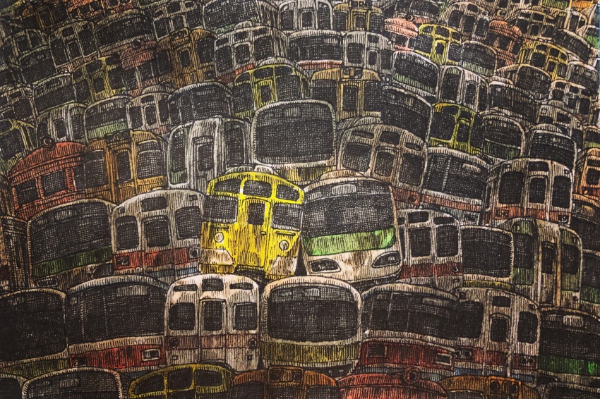 absurdres bus dark highres ibsukionsen junk junkyard motor_vehicle no_humans oil_painting_(medium) original painting_(medium) scenery shadow streetcar too_many traditional_media window