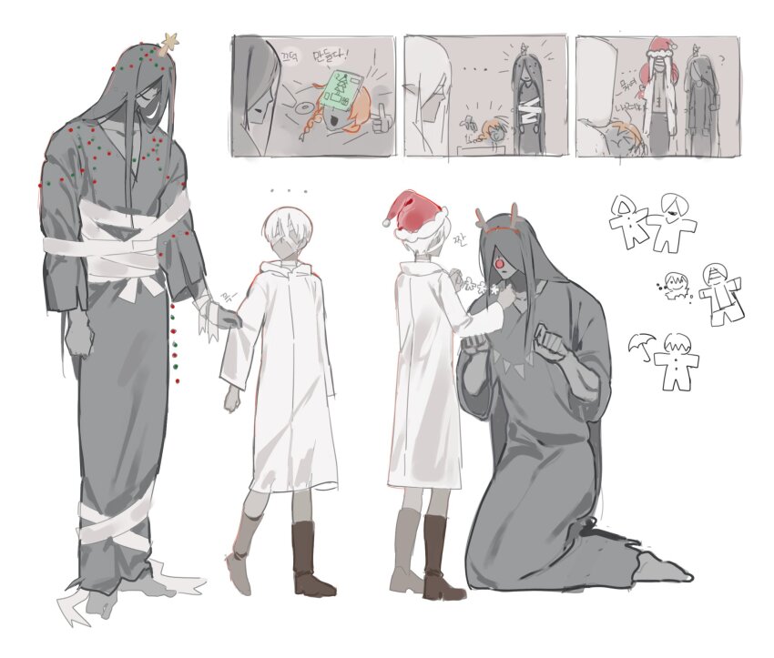 1girl 3boys 95_5hz antlers bandage_over_one_eye boots bound christmas christmas_lights christmas_star clothes_grab cosplay fake_antlers grey_hair grey_kimono hat heroine_(homicipher) highres homicipher horns japanese_clothes kimono long_hair mr._chopped mr._crawling mr._scarletella mr._silvair multiple_boys raincoat reindeer_antlers rudolph_the_red_nosed_reindeer rudolph_the_red_nosed_reindeer_(cosplay) santa_hat severed_head short_hair sleeve_grab tied_up_(nonsexual) white_background white_hair white_raincoat