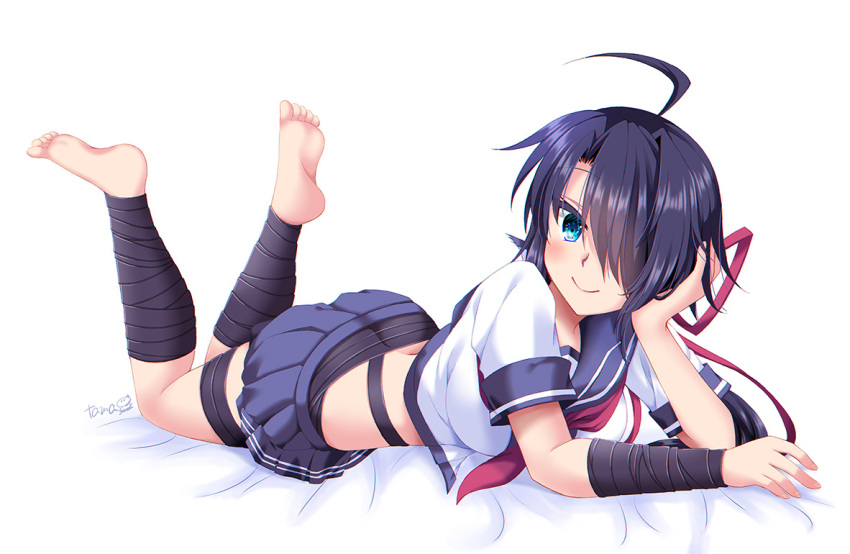1girl ahoge artistic_error ass bad_feet bandaged_arm bandages barefoot black_hair blue_eyes blue_skirt breasts feet_up hair_over_one_eye head_rest kako_(kancolle) kako_kai_ni_(kancolle) kantai_collection large_breasts legs_up long_hair looking_at_viewer lying messy_hair miniskirt neckerchief no_shoes on_stomach pleated_skirt ponytail red_neckerchief school_uniform serafuku skirt smile solo tamagawa_yukimaru the_pose