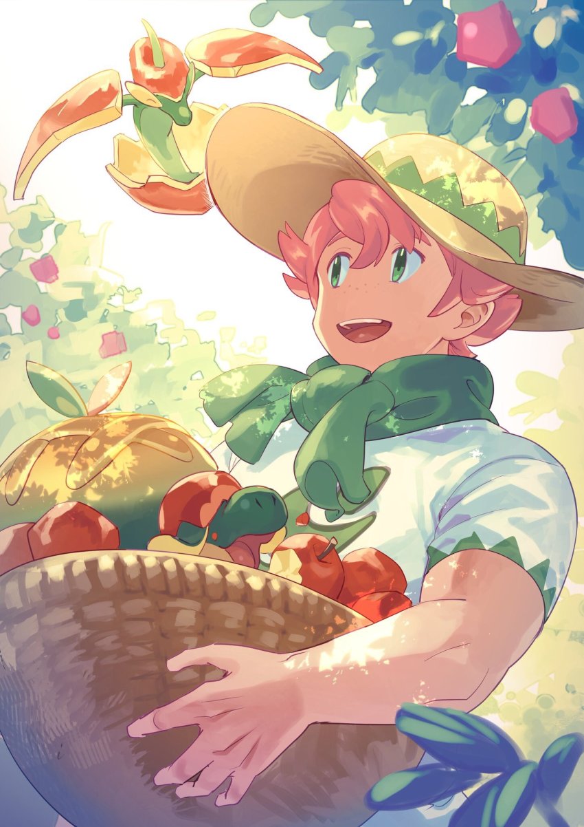 1boy :d apple appletun basket commentary_request day flapple food freckles fruit gen_8_pokemon green_eyes gym_leader hat highres holding male_focus milo_(pokemon) nintendo open_mouth outdoors peco-midori pink_hair pokemon pokemon_(creature) pokemon_swsh shirt short_sleeves smile sun_hat teeth tongue upper_teeth_only