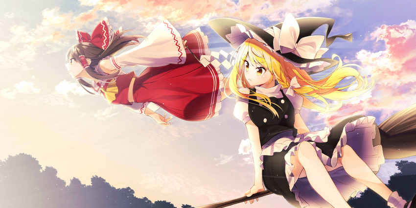 2girls apron ascot black_hat black_skirt black_vest blonde_hair bow braid broom broom_riding brown_hair closed_mouth cloud commentary detached_sleeves english_commentary floating frilled_bow frilled_hair_tubes frilled_skirt frills game_cg hair_bow hair_tubes hakurei_reimu hat hat_bow highres kirisame_marisa long_hair multiple_girls official_art outdoors red_bow red_skirt sakuragi_ren side_braid skirt skirt_set socks third-party_source touhou touhou_lostword vest waist_apron white_bow white_socks witch_hat yellow_ascot yellow_eyes