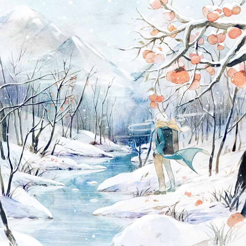 1boy blue_coat brown_pants coat food fruit ginko_(mushishi) hands_in_pockets highres mountain mushishi painting_(medium) pants peach river scarf short_hair snow snowing standing tinnyilb traditional_media tree watercolor_(medium) white_hair wind yellow_scarf