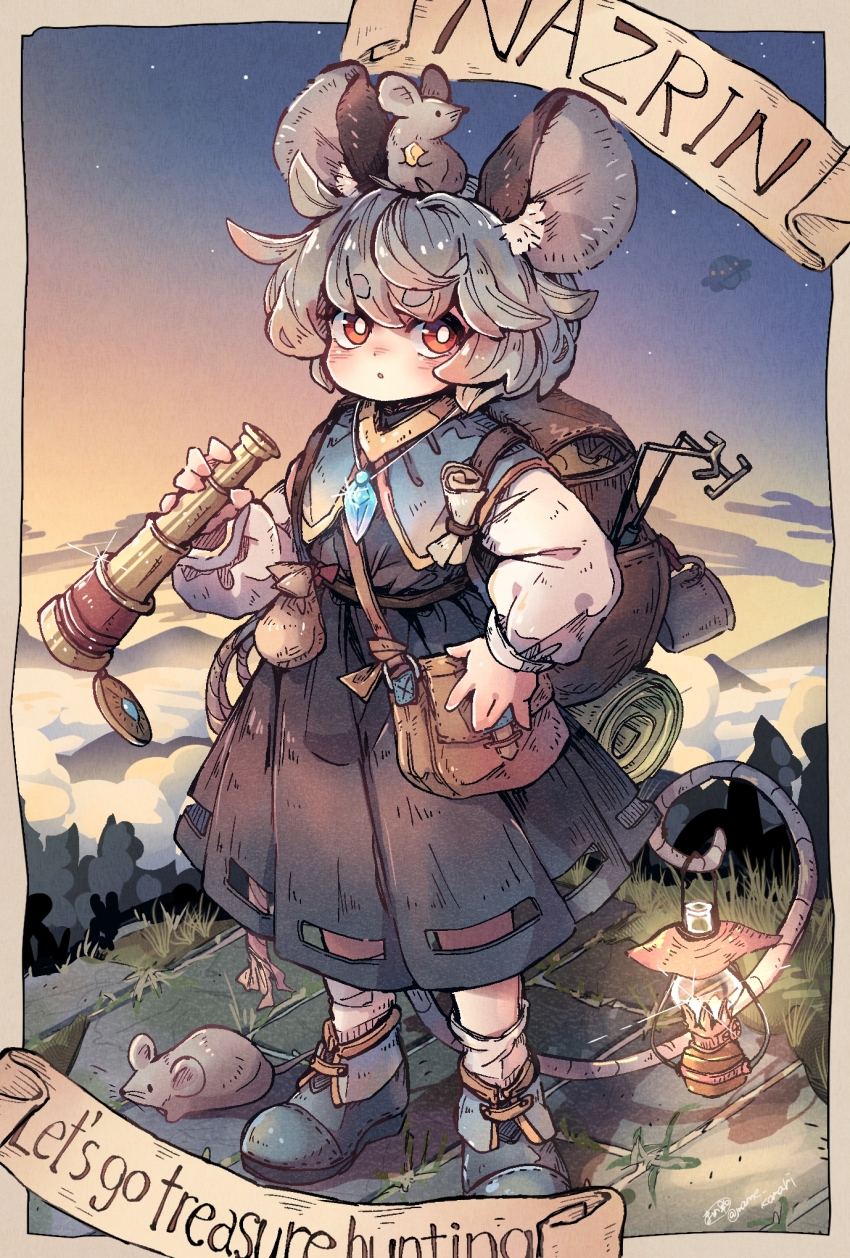 1girl animal_ears black_dress black_shoes blush character_name dress grey_hair highres long_sleeves mame_komari mouse_(animal) mouse_ears nazrin red_eyes shoes short_hair socks solo spyglass standing touhou white_socks