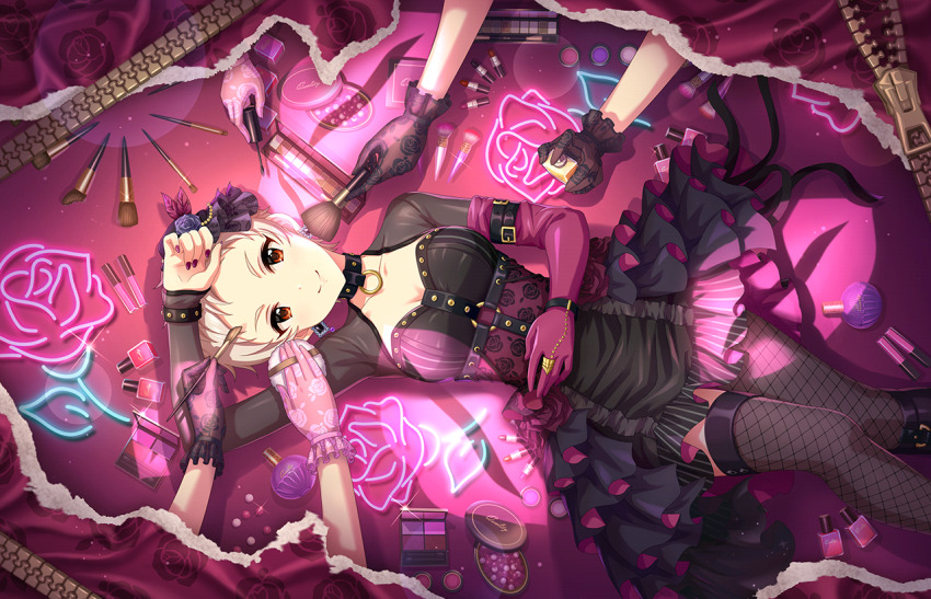 1boy applying_another&#039;s_makeup applying_makeup artist_request black_choker blonde_hair blush choker closed_mouth dress earrings elbow_gloves floral_print_dress floral_print_gloves frills from_above gloves holding holding_brush holding_makeup_brush idolmaster idolmaster_cinderella_girls jewelry lipstick lying makeup makeup_brush nail_polish nail_polish_brush neon_lights official_art on_back orange_eyes pink_gloves pixie_cut powder_puff purple_gloves purple_nails senzaki_ema short_hair single_elbow_glove single_glove smile third-party_source very_short_hair zipper
