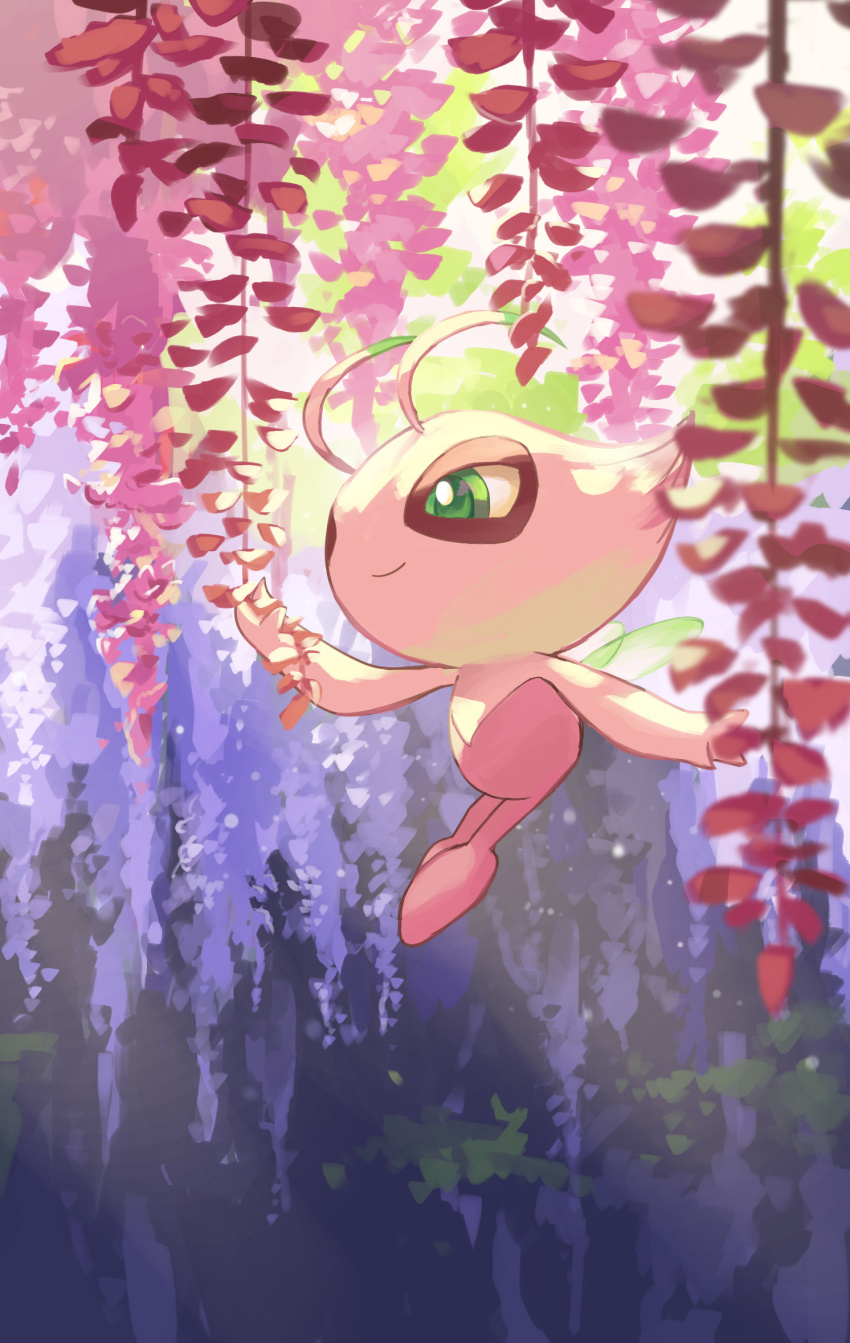 alternate_color celebi closed_mouth colored_skin commentary_request fairy_wings floating gen_2_pokemon green_eyes hanging_plant highres legendary_pokemon mythical_pokemon nintendo no_humans pink_skin pokemon pokemon_(creature) pokemon_mystery_dungeon pokemon_mystery_dungeon:_explorers_of_time/darkness/sky shiny_pokemon smile wings yamaori_(hakkentai_pokedan)
