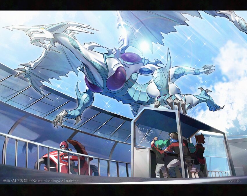 2girls 3boys bruno_(yu-gi-oh!) d-wheel dragon duel_monster fudo_yusei green_hair helmet izayoi_aki jacket lua_(yu-gi-oh!) luca_(yu-gi-oh!) lunapont multiple_boys multiple_girls pants red_helmet red_jacket red_shorts shorts solo_focus stardust_dragon white_pants white_shorts yu-gi-oh! yu-gi-oh!_5d&#039;s