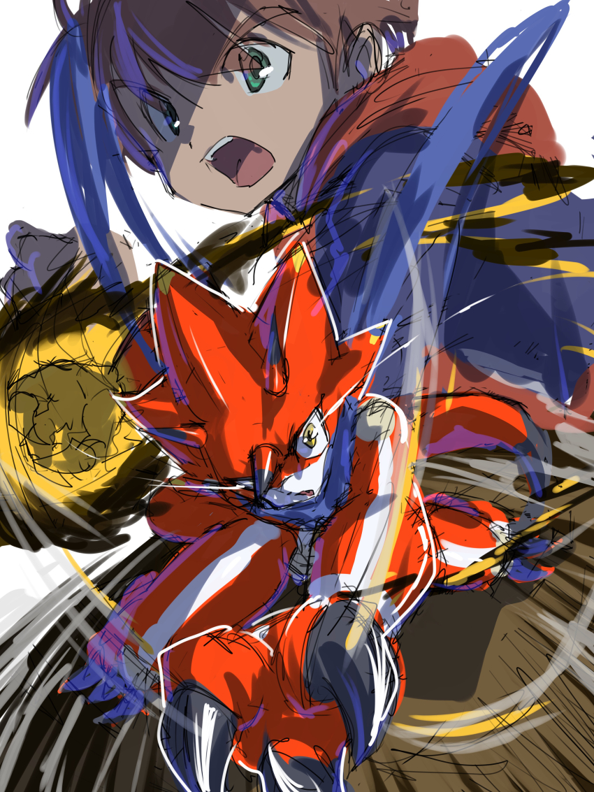 absurdres amanokawa_hiro betelgammamon blue_eyes blue_jacket brown_hair digimon digimon_(creature) digimon_ghost_game dragon fire flaming_hand highres hood hood_down hoodie horns jacket red_hoodie red_scales simple_background sketch white_background yellow_eyes ziro_illust