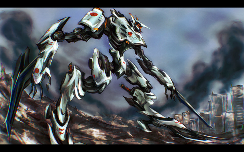 arm_blade building byneet city claws destruction full_body giant_robot jaeger_(pacific_rim) japanese_flag legendary_pictures mecha no_humans pacific_rim robot skyscraper smoke sword tacit_ronin weapon wrist_blades yellow_eyes