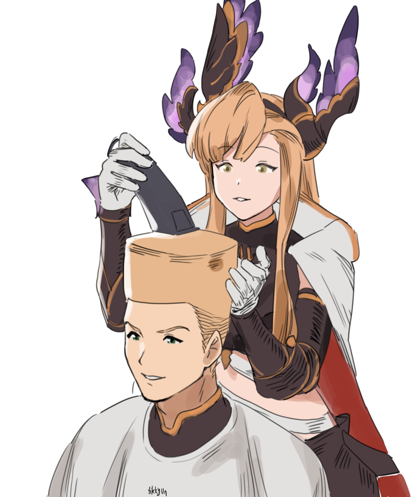 1boy 1girl brown_hair brown_shirt cape capelet choso_giving_toudou_a_haircut_(meme) commentary cutting_hair detached_sleeves english_commentary fikkyun flattop gloves granblue_fantasy green_eyes hair_ornament hairband hairclip highres light_brown_hair long_hair meme parted_lips seofon_(granblue_fantasy) shirt signature simple_background sitting smile standing tweyen_(granblue_fantasy) white_background white_capelet white_gloves