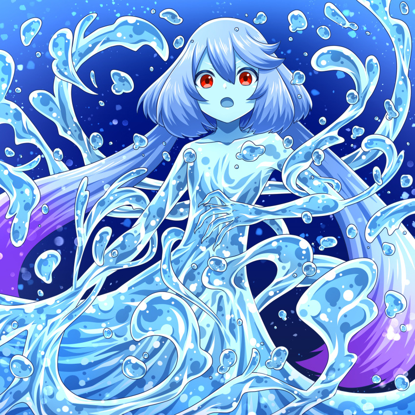 1boy 999shark_sushi absurdres blue_hair blue_skin collarbone colored_skin commentary_request gradient_hair highres long_hair looking_at_viewer monster_boy multicolored_hair open_mouth original purple_hair red_eyes slime_boy solo trap two-tone_hair very_long_hair water