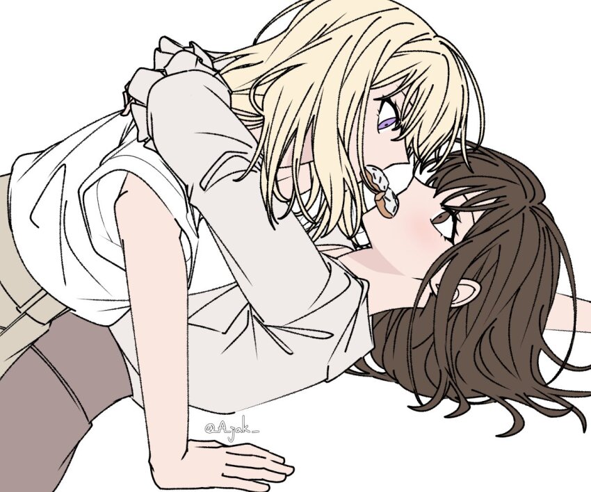 2girls a_jak arms_around_neck bang_dream! bang_dream!_it&#039;s_mygo!!!!! blonde_hair brown_eyes brown_hair brown_skirt eye_contact long_sleeves looking_at_another mahou_shoujo_madoka_magica medium_hair misumi_uika mouth_hold multiple_girls pink_shirt shared_food shirt short_sleeves simple_background skirt sumita_mana twitter_username white_background white_shirt yuri