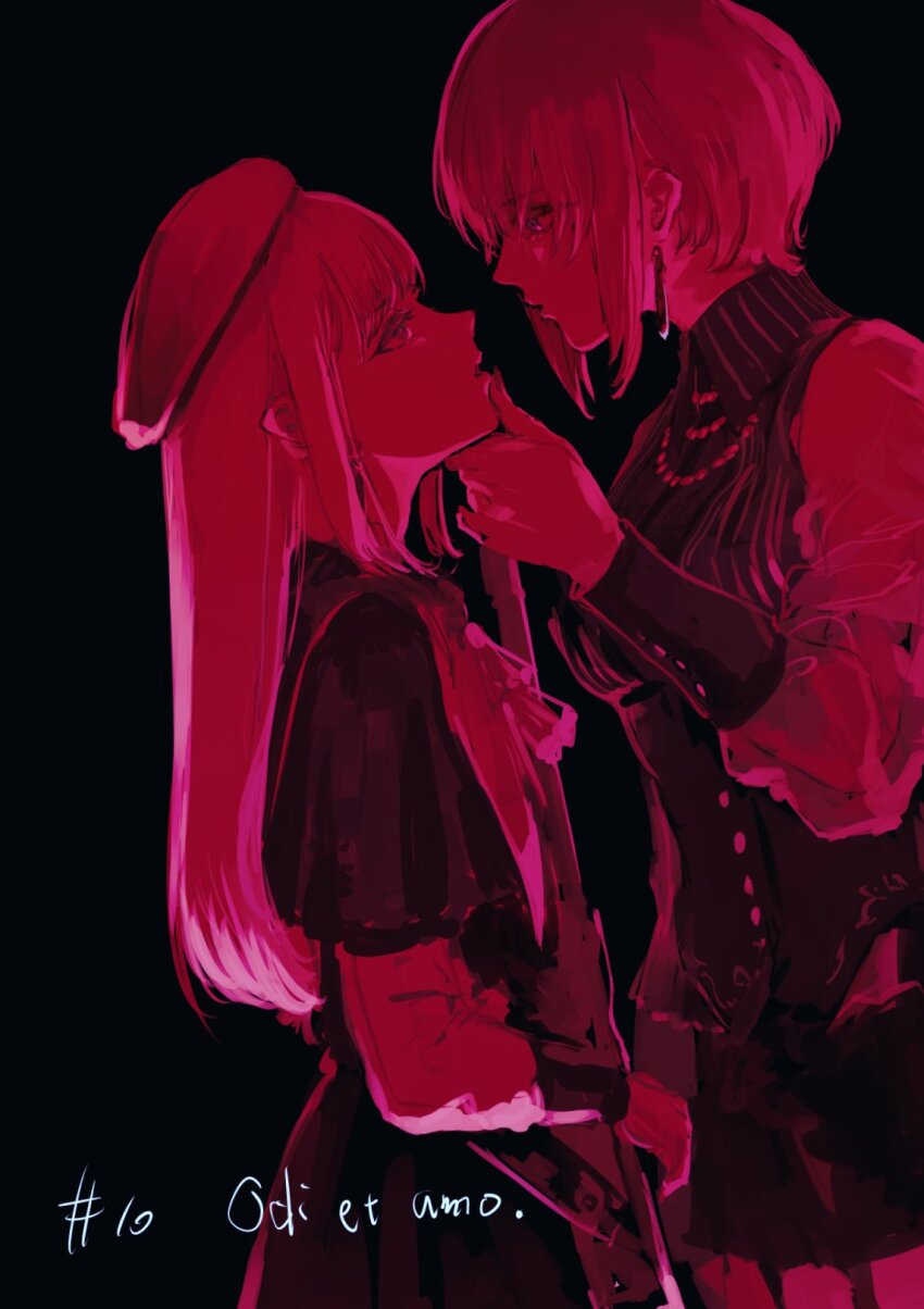 2girls amoris_(bang_dream!) bang_dream! bang_dream!_it&#039;s_mygo!!!!! beret black_background capelet collared_shirt commentary_request earrings eye_contact face-to-face from_side guitar hand_on_another&#039;s_chin hat highres instrument jewelry long_hair long_sleeves looking_at_another monochrome mortis_(bang_dream!) mortis_(costume)_(bang_dream!) mortis_(persona)_(bang_dream!) multiple_girls osakana_(denpa_yun&#039;yun) profile see-through_clothes see-through_sleeves shirt short_hair sidelocks simple_background standing wakaba_mutsumi yuri yuutenji_nyamu