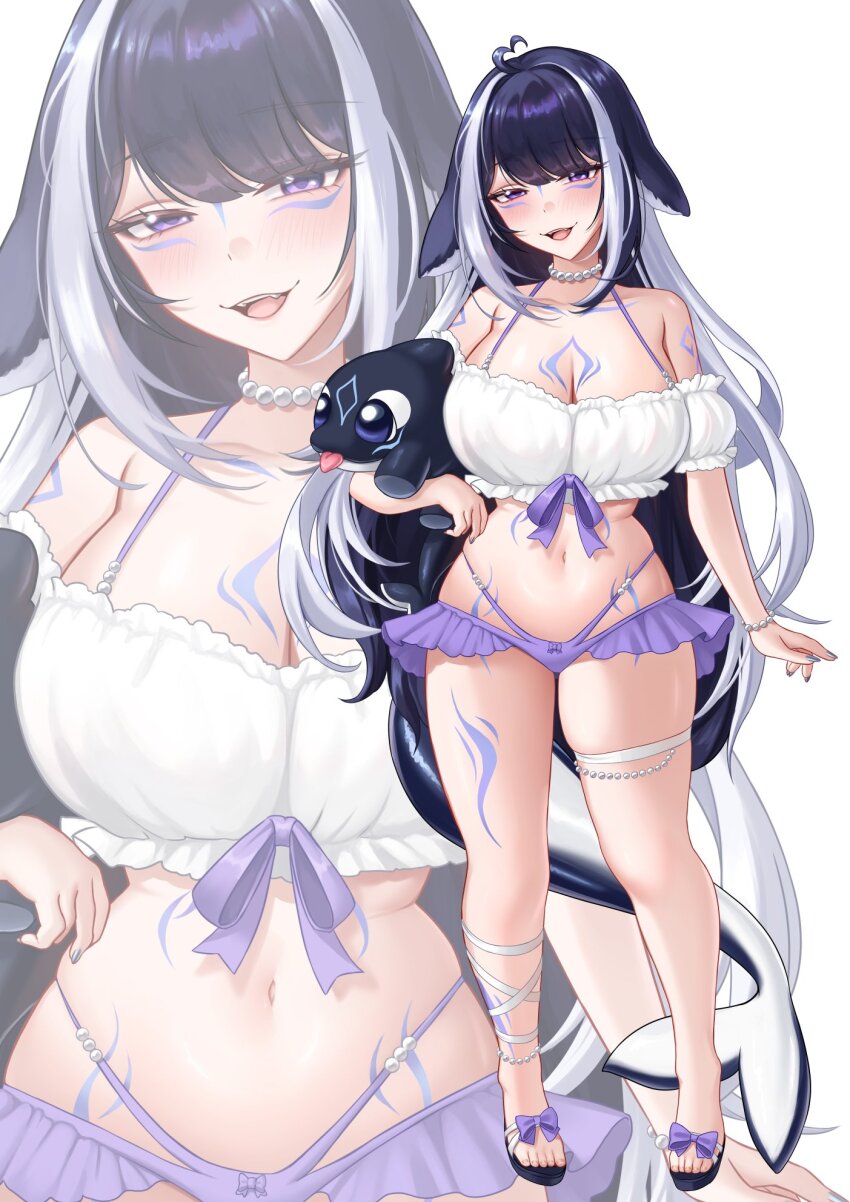 1girl ahoge black_hair body_markings breasts cetacean_tail cotton_noir facial_mark fins fish_tail heart heart_ahoge highres indie_virtual_youtuber jewelry large_breasts long_hair looking_at_viewer multicolored_hair necklace open_mouth orca_girl pearl_necklace purple_eyes shylily solo streaked_hair tail thigh_strap virtual_youtuber white_hair zoom_layer