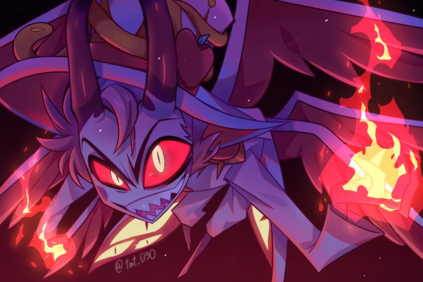 1boy angel angel_wings blonde_hair commentary commentary_request demon_boy demon_horns formal_clothes hair_slicked_back hashtag-only_commentary hazbin_hotel hellaverse highres horns lucifer_morningstar_(hazbin_hotel) male_focus sharp_teeth slit_pupils solo suit symbol-only_commentary teeth tmt_030 wings