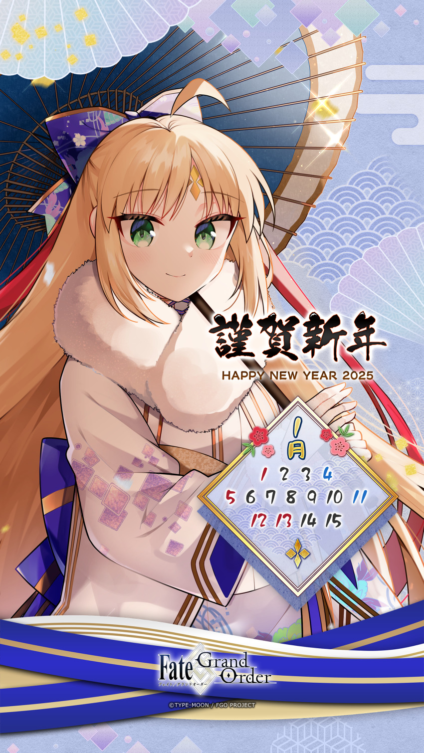 1girl absurdres ahoge artoria_caster_(fate) artoria_caster_(third_ascension)_(fate) artoria_pendragon_(fate) bamboo blonde_hair bow calendar_(medium) copyright_name copyright_notice craft_essence_(fate) facial_mark fate/grand_order fate_(series) forehead_mark green_eyes hair_bow hamazi_aki happy_new_year highres holding holding_umbrella japanese_clothes kimono logo long_hair new_year official_alternate_costume official_art oil-paper_umbrella promotional_art sidelocks smile umbrella very_long_hair white_kimono