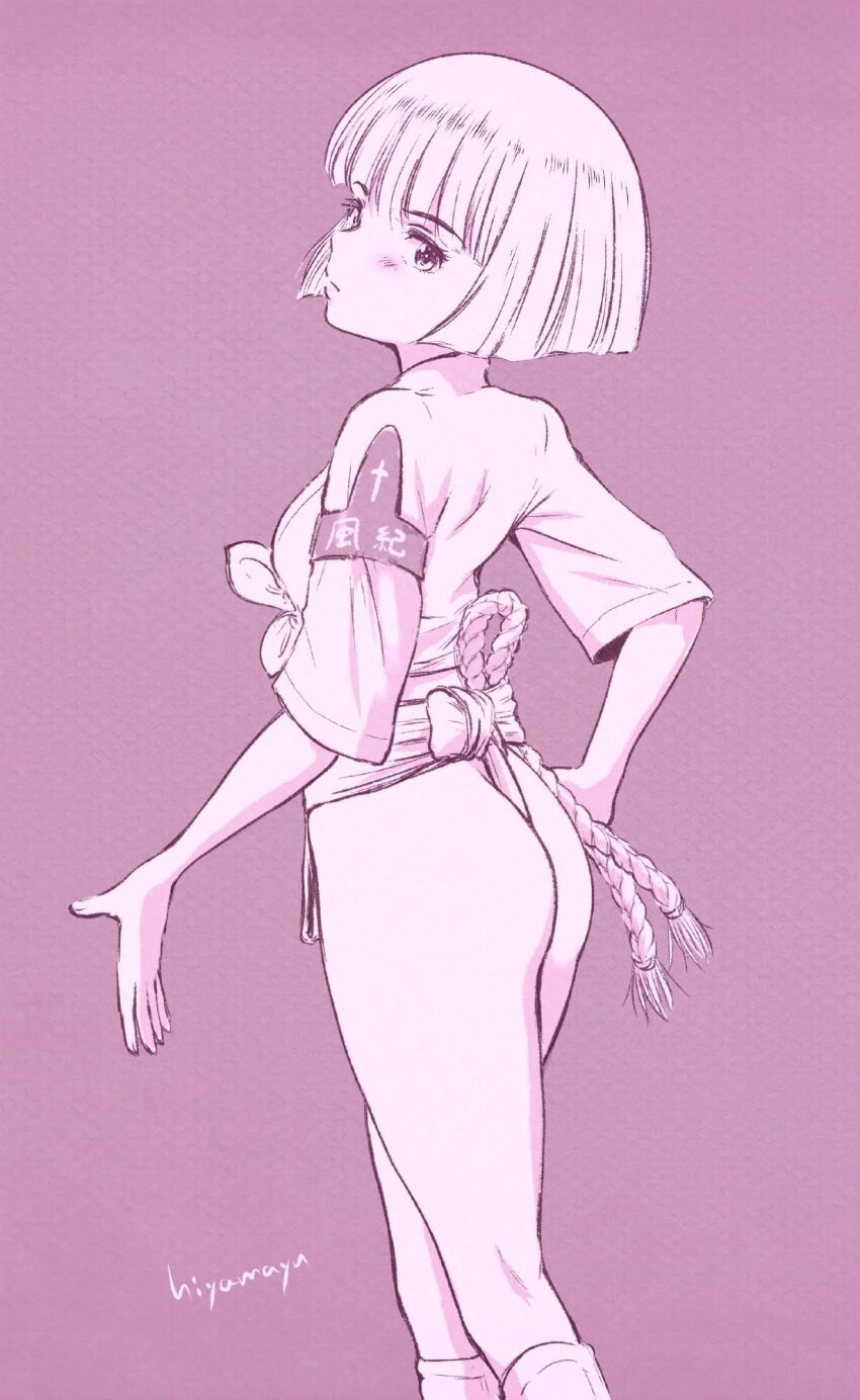 1girl ass blush breasts closed_mouth fundoshi girls_und_panzer highres hiyama_yuu_(wee259hiyama) japanese_clothes looking_at_viewer monochrome pink_background short_hair simple_background small_breasts solo sono_midoriko