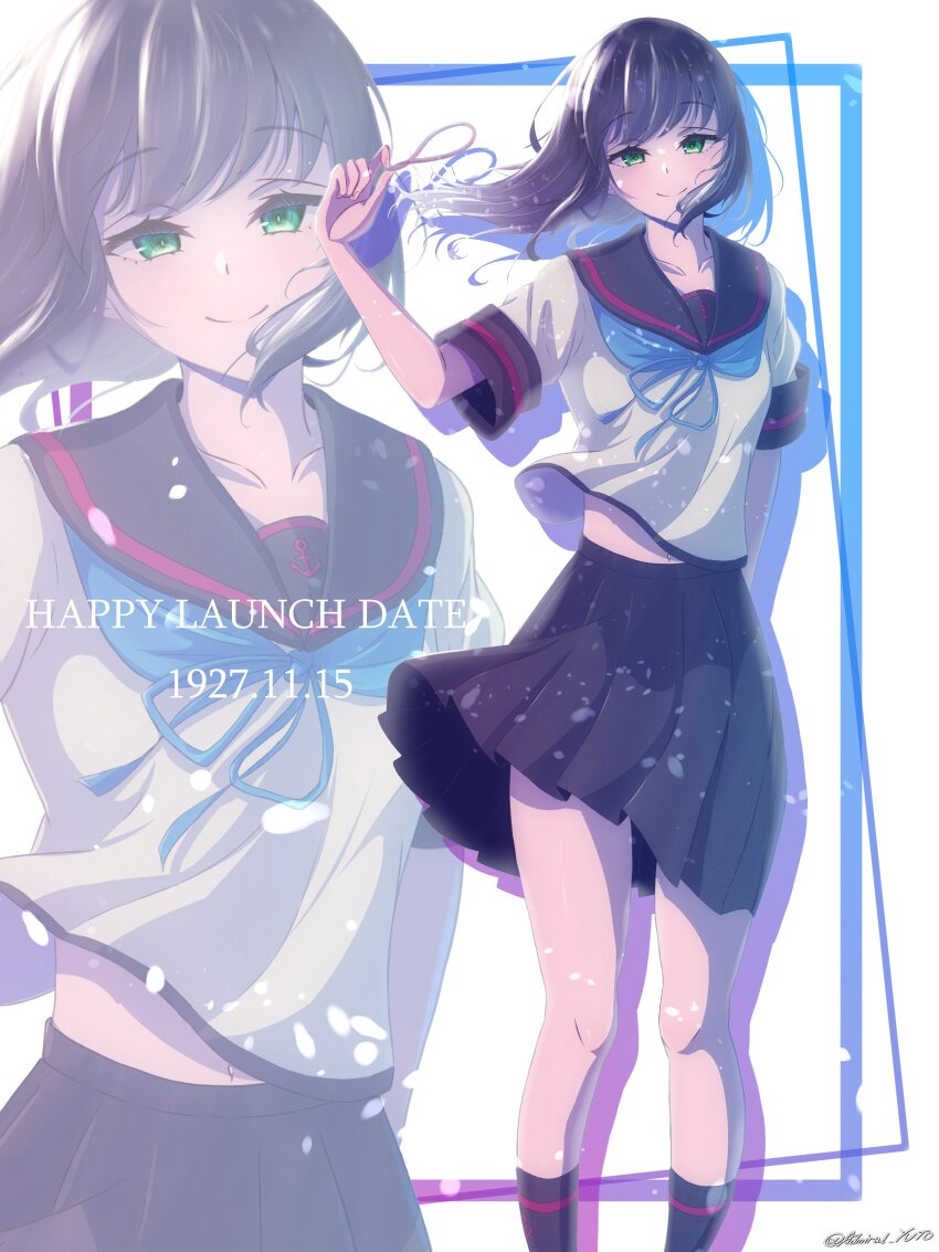1girl absurdres alternate_hair_length alternate_hairstyle black_hair black_sailor_collar black_skirt black_socks blue_neckerchief dated feet_out_of_frame fubuki_(kancolle) fubuki_kai_ni_(kancolle) green_eyes hair_down highres kantai_collection long_hair looking_at_viewer multiple_views neckerchief official_alternate_costume pleated_skirt sailor_collar sailor_shirt shirt skirt smile socks white_shirt yoko_hata zoom_layer