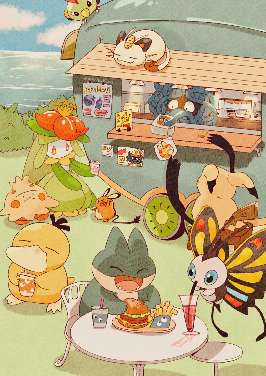 absurdres alternate_color antennae beautifly black_eyes blue_eyes burger chair closed_eyes commentary cup dedenne drinking_straw fangs food french_fries gen_1_pokemon gen_2_pokemon gen_3_pokemon gen_4_pokemon gen_5_pokemon gen_6_pokemon gen_7_pokemon hat highres holding lilligant lying menu meowth mimikyu munchlax natu nintendo no_humans orange_eyes outdoors pikachu pokemon pokemon_(creature) popsicle psyduck shiny_pokemon shroomish sitting soda table tangela wings zozozoshion