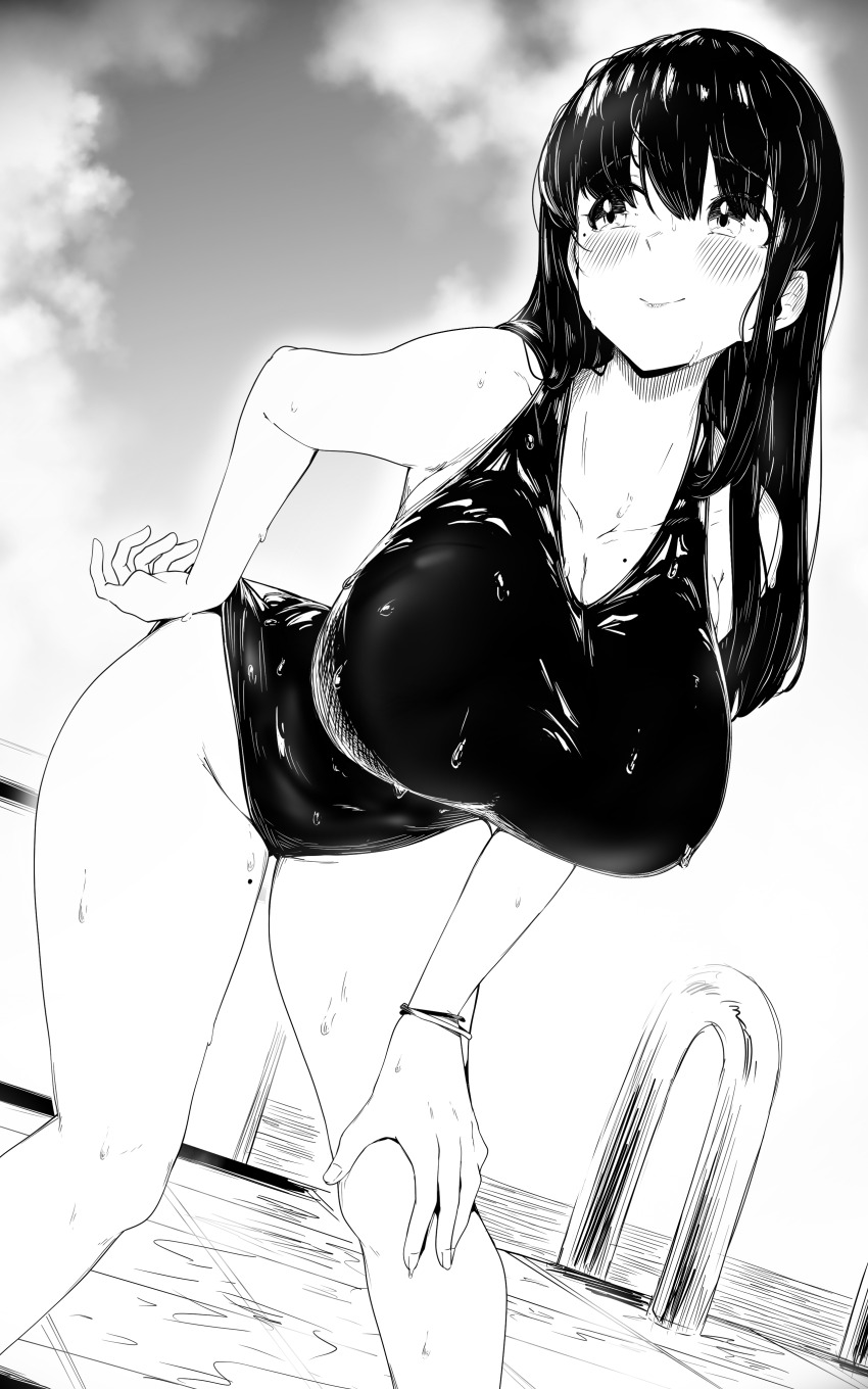 1girl absurdres adjusting_clothes adjusting_swimsuit blush breasts cleavage closed_mouth collarbone dutch_angle highres huge_breasts long_hair mole mole_on_collarbone mole_under_eye monochrome one-piece_swimsuit original outdoors r-man school_swimsuit smile solo swimsuit wet