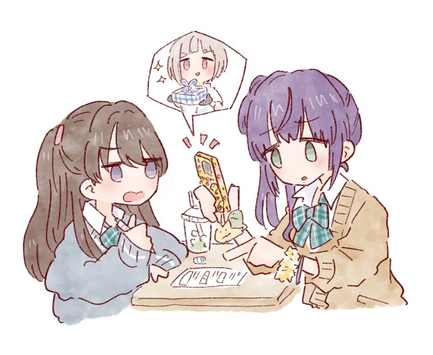 3: 3girls :d :o black_choker black_gloves bow bowtie bracelet brown_cardigan brown_hair cardigan cellphone_charm charm_(object) choker collared_shirt cup diagonal_bangs disposable_cup drink drinking_straw eraser fujishima_megumi gloves green_bow green_bowtie green_eyes grey_cardigan grey_eyes grey_hair gyaru highres holding holding_bento holding_pencil holding_phone index_finger_raised jewelry kogal link!_like!_love_live! long_hair long_sleeves looking_at_another looking_at_phone love_live! mashikaku_(ma4kaku10fu) mechanical_pencil multiple_girls notice_lines open_mouth otomune_kozue paper pencil phone pink_eyes plaid_bow plaid_bowtie plaid_clothes pointing purple_hair school_uniform scrunchie shirt short_hair side_ponytail sidelocks simple_background sleeves_past_wrists smile sparkle speech_bubble studded table two_side_up virtual_youtuber white_background white_shirt wrapped_bento wrist_scrunchie yellow_scrunchie yugiri_tsuzuri