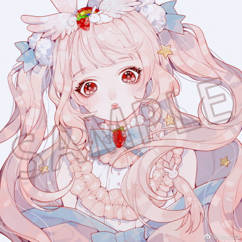 1girl asuuta bare_shoulders blonde_hair blouse blue_bow blue_bowtie blue_ribbon blue_shawl blunt_bangs bow bowtie braid brooch buttons chinese_commentary collared_shirt commentary_request commission expressionless eyelashes eyeshadow food-themed_hair_ornament frilled_shirt frills grey_background hair_ornament hair_ribbon high_collar highres jewelry light_blush lipstick long_hair loose_hair_strand makeup original parted_lips pink_eyeshadow pom_pom_(clothes) pom_pom_hair_ornament rabbit_hair_ornament rainbow_hair_ornament red_eyes red_lips ribbon sample_watermark shawl shirt simple_background single_braid sleeveless sleeveless_shirt solo star_(symbol) star_hair_ornament strawberry_brooch strawberry_hair_ornament teeth twintails upper_body very_long_hair waist_bow watermark weibo_watermark white_shirt wing_hair_ornament