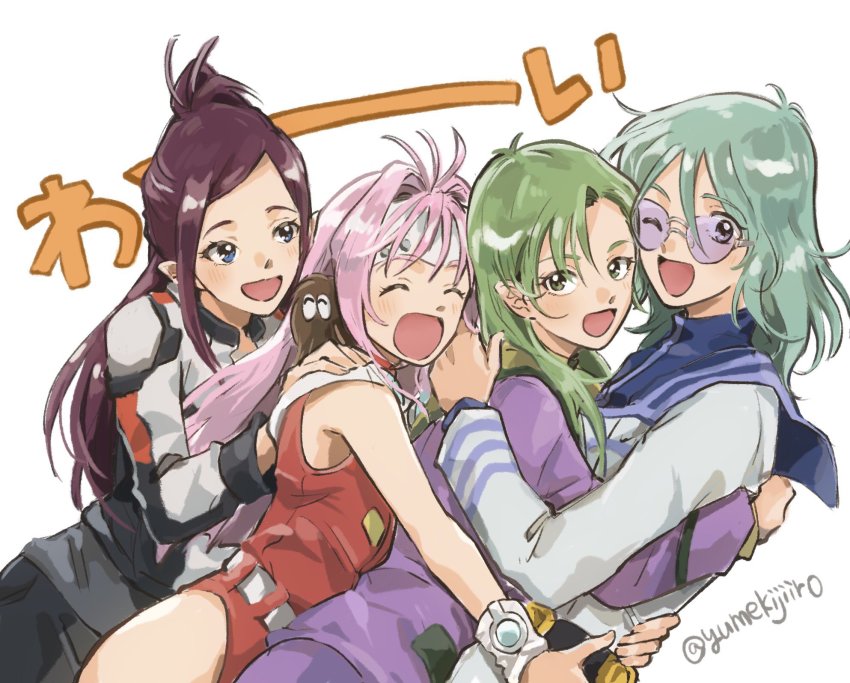 1boy 3girls ^_^ blue_hair choujikuu_yousai_macross closed_eyes eyebrows_hidden_by_hair family glasses green_eyes green_hair grey_jacket guvava highres hug jacket jenius_maximilian jenius_milia jenius_mirage jenius_mylene leotard long_hair looking_at_viewer looking_to_the_side macross macross_7 macross_delta military military_uniform multiple_girls one_eye_closed open_mouth pink_hair pointy_ears purple_hair red_leotard smile time_paradox yumekijiiro