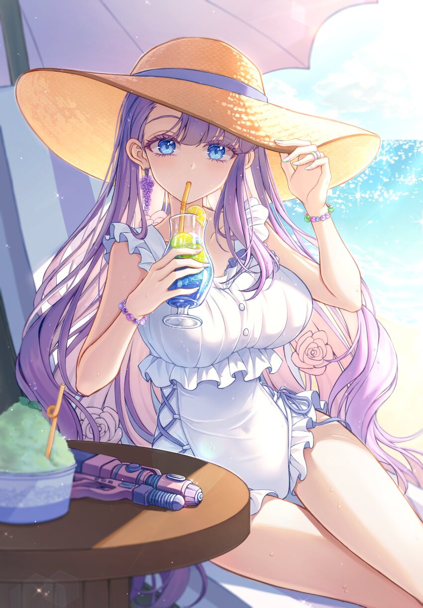 1girl absurdres adjusting_clothes adjusting_headwear asymmetrical_bangs beach beach_chair beach_umbrella bead_bracelet beads blue_eyes blue_ribbon bracelet breasts buttons chair cloud collarbone colored_eyelashes colored_inner_hair commentary commission covered_navel crossed_legs cup day drink drinking drinking_straw earrings english_commentary feet_out_of_frame fingernails flower flower_earrings food frilled_one-piece_swimsuit frills fruit hair_flower hair_ornament hair_over_shoulder hand_on_headwear hands_up hat highres holding holding_cup ice ice_cube iyar jewelry large_breasts lemon lemon_slice lens_flare light_particles light_rays long_hair looking_at_viewer multicolored_hair multicolored_nails nail_polish on_chair one-piece_swimsuit orange_hat original pink_flower pink_hair pink_rose purple_flower purple_hair ribbon ring rose round_table shaved_ice sitting solo sparkle sun_hat sunbeam sunlight swimsuit table two-tone_hair umbrella very_long_hair water water_gun wet white_one-piece_swimsuit