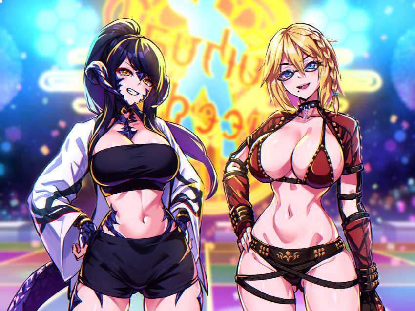 2girls au_ra black_collar black_hair black_shirt black_shorts blonde_hair blue_eyes blurry blurry_background blush bra braid breasts brown_eyes cleavage collar commission crop_top depth_of_field dragon_horns dragon_tail eyebrows_hidden_by_hair final_fantasy final_fantasy_xiv gluteal_fold hair_between_eyes hands_on_own_hips highres horns jacket large_breasts lips looking_at_viewer mole mole_under_mouth multiple_girls navel open_mouth ponytail red_bra samael_(5211) sapphira_nyx scales shirt shorts shrug_(clothing) skeb_commission smile stomach tail underwear warrior_of_light_(ff14) white_jacket