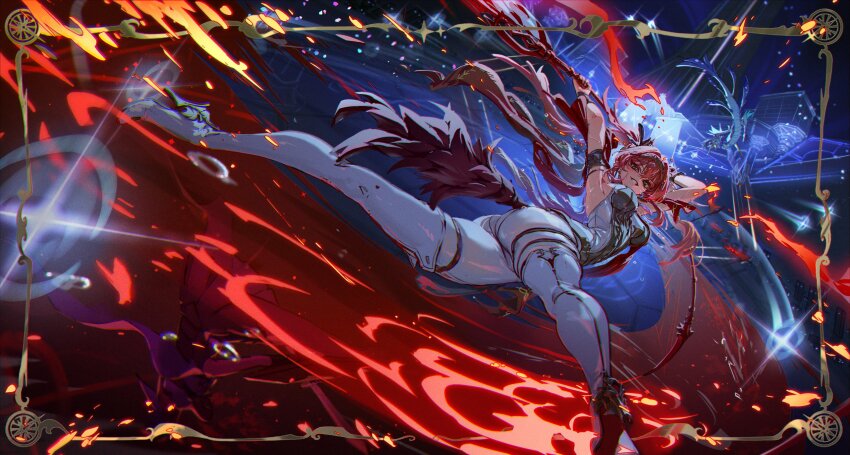 1girl aakin5349 absurdres armlet armor armpits arms_up ass bodysuit boots bow breastplate breasts dragon fire from_below hair_between_eyes hair_bow hairband high_heel_boots high_heels highres holding holding_polearm holding_weapon jewelry long_hair looking_at_viewer lupa_(wuthering_waves) medium_breasts metal_hairband polearm red_hair running sideboob smile solo tail thigh_boots twintails twisted_torso weapon white_bodysuit white_boots wuthering_waves