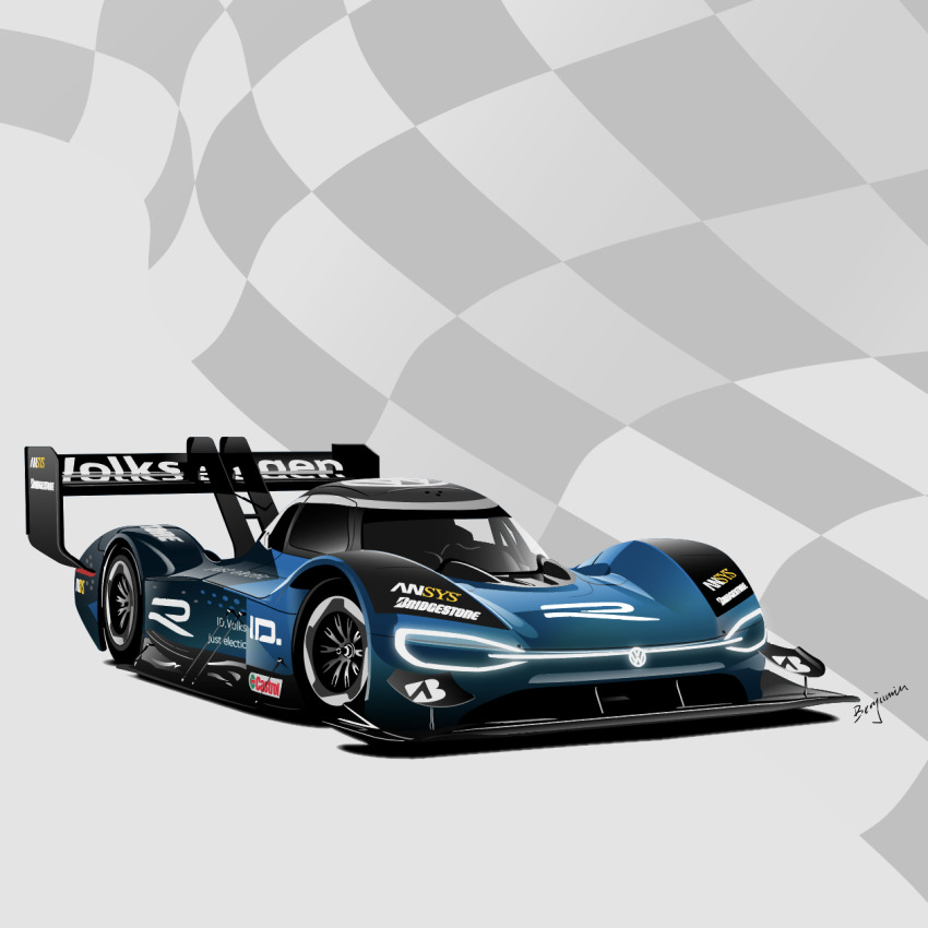benjamin_(user_scjv3278) blue_car bridgestone car castrol glowing highres le_mans_prototype motor_vehicle no_humans original race_vehicle racecar shadow spoiler_(automobile) sponsor vehicle_focus volkswagen volkswagen_id.r