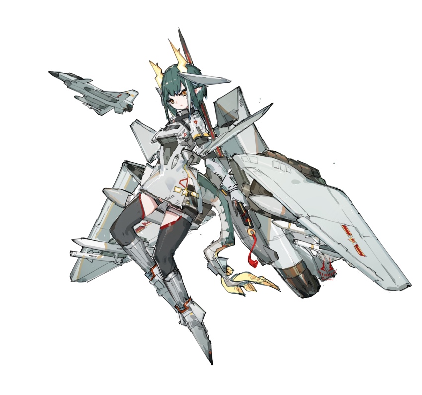 absurdres chengdu_j-10 chengdu_j-10_(personification) dragon_girl dragon_horns dragon_tail frider green_hair highres horns jian_(weapon) mecha_musume missiles original personification tachi-e tail tassel thighhighs vehicle_and_personification war_thunder yellow_eyes