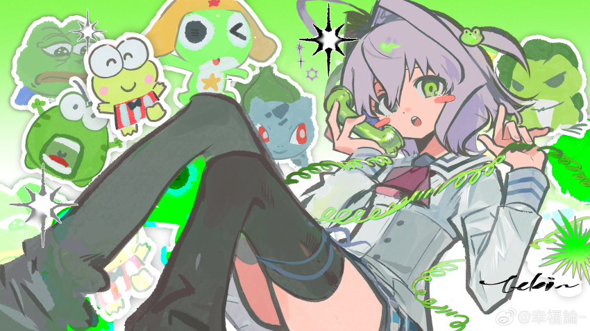 absurdres blue_socks boy&#039;s_club bulbasaur cellphone commentary_request creatures_(company) frog game_freak gen_1_pokemon green_eyes highres keropii keroro keroro_gunsou loose_socks nintendo open_mouth original pepe_the_frog phone pokemon sanrio skirt socks solo trait_connection weibo_7087802219 white_hair