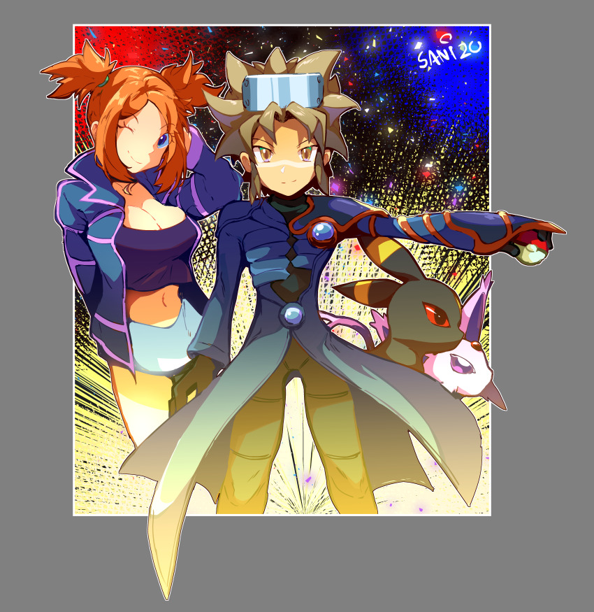 1boy 1girl absurdres blue_eyes breasts cleavage crop_top espeon gen_2_pokemon gloves highres jacket large_breasts light_brown_hair looking_at_viewer miniskirt nintendo one_eye_closed open_clothes open_jacket orange_hair pants poke_ball pokemon pokemon_colosseum rui_(pokemon) sanikink short_hair skirt twintails umbreon wes_(pokemon) wink