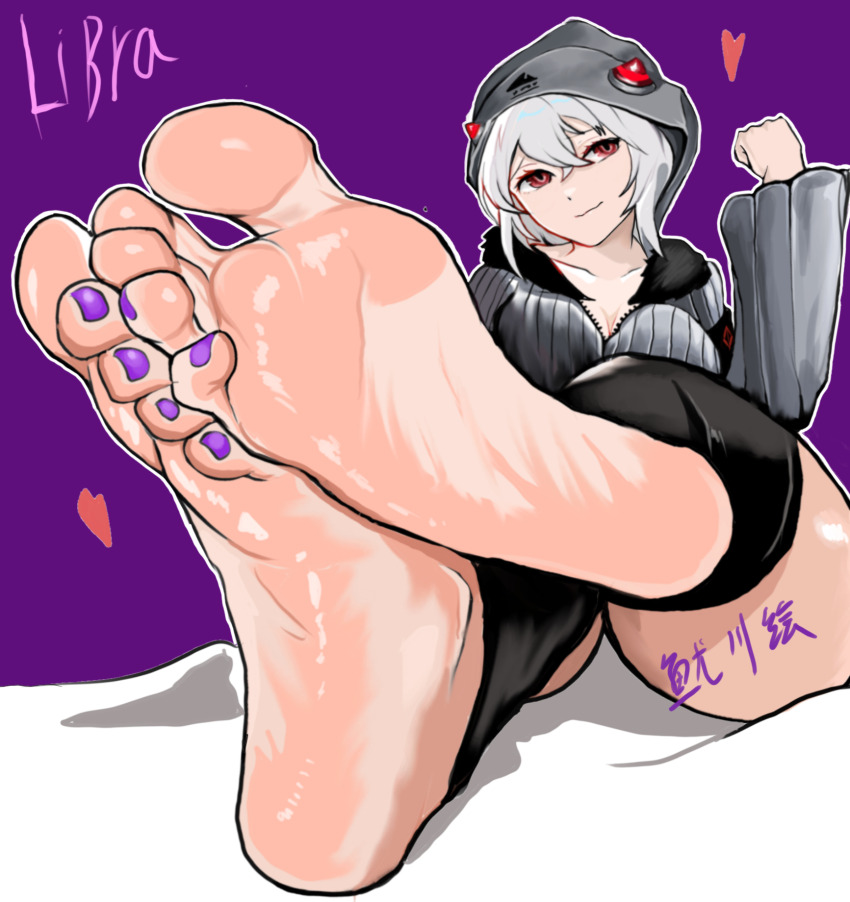 1girl barefoot breasts cleavage command_&amp;_conquer feet highres hood libra_(mental_omega) looking_at_viewer medium_hair red_eyes soles toes white_hair you_chuan_hui