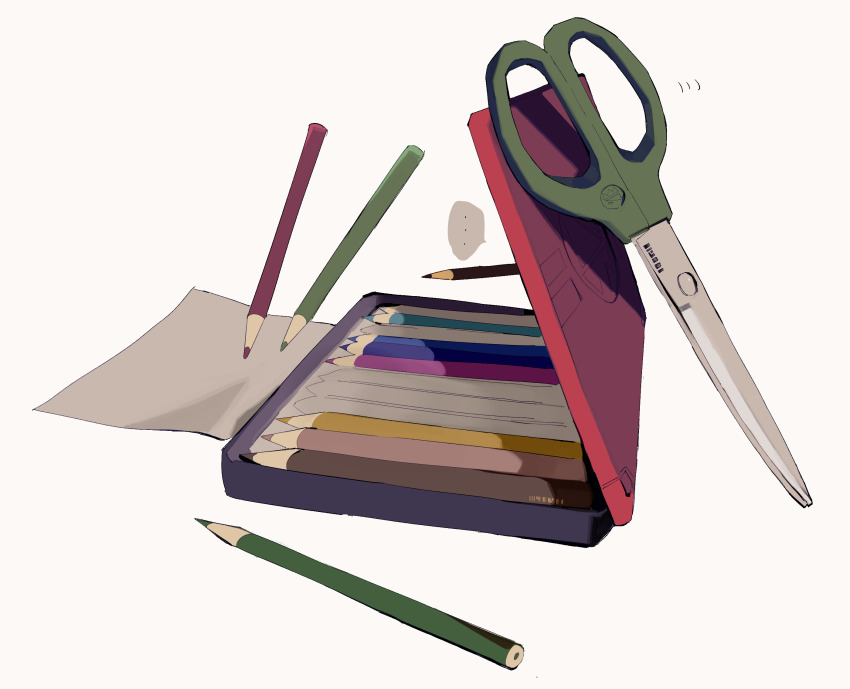 ... colored_pencil colored_pencils_(paper_mario) commentary_request drawing_(action) higa423 highres leaning mario_(series) motion_lines nintendo no_humans object_focus paper paper_mario paper_mario:_the_origami_king pencil pencil_case scissors scissors_(paper_mario) simple_background spoken_ellipsis white_background