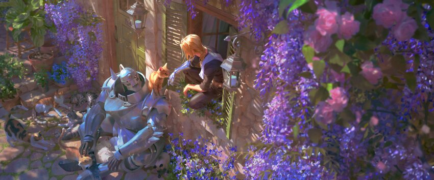 2boys absurdres alphonse_elric animal animal_on_shoulder armor belt black_pantyhose black_shirt blonde_hair braid brown_belt calico cat cat_on_shoulder chenalii dappled_sunlight edward_elric elbow_on_knee flower fullmetal_alchemist grey_cat highres house indoors male_focus multiple_boys multiple_cats nature orange_cat outdoors pantyhose plant plate_armor potted_plant prosthesis prosthetic_arm purple_flower scenery shirt single_braid sitting squatting stone_wall sunlight tabby_cat wall white_cat window_shutter windowsill