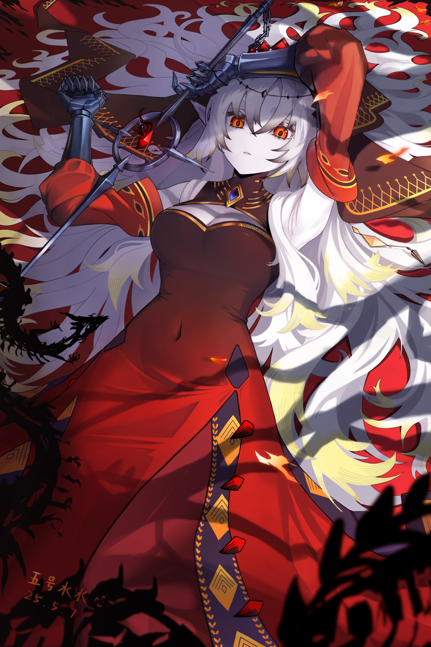 1girl absurdres arm_up armpits blazing_cartesia_the_virtuous breasts cleavage cleavage_cutout clothing_cutout colored_skin covered_navel detached_sleeves dress duel_monster ecclesia_(yu-gi-oh!) gem gogosuisui hair_between_eyes highres holding holding_sword holding_weapon large_breasts long_dress long_hair long_sleeves looking_at_viewer lying on_back parted_lips pointy_ears red_dress red_eyes red_gemstone red_veil solo sword veil weapon white_hair white_skin yu-gi-oh!