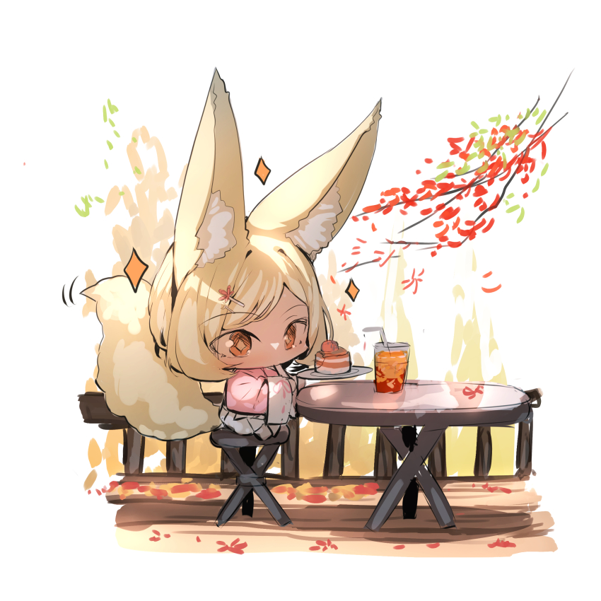 +_+ 1girl absurdres animal_ear_fluff animal_ears autumn_leaves barefoot bendy_straw blonde_hair branch chibi commentary_request cup day drink drinking_glass drinking_straw fennec_fox_girl_(yuuji_(yukimimi)) food fox_ears fox_girl fox_tail highres holding holding_plate leaf long_sleeves orange_eyes original outdoors pink_shirt plate pleated_skirt shirt short_hair sitting skirt solo sparkle table tail white_background white_skirt wide_sleeves yuuji_(yukimimi)