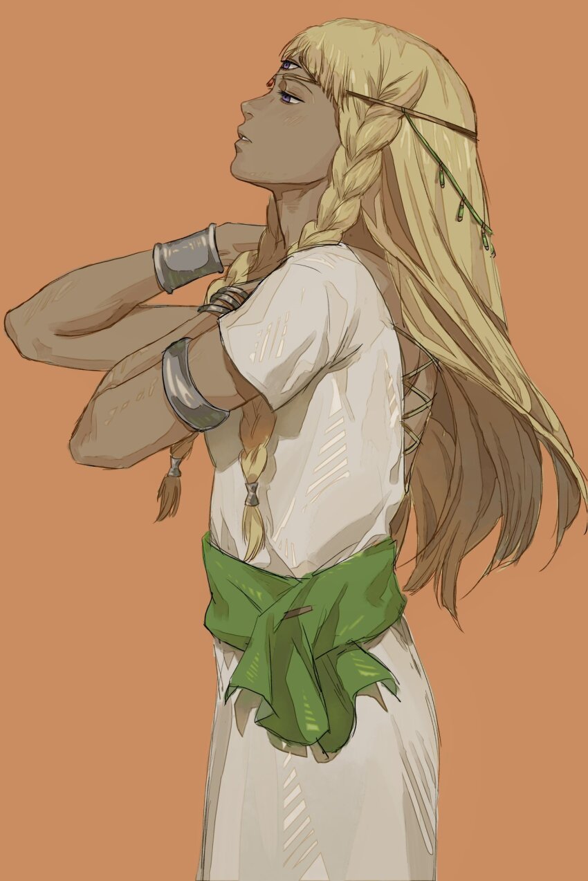 1girl armlet bare_shoulders blonde_hair bracelet braid cipcal commentary dark-skinned_female dark_skin dress english_commentary eupha_(metaphor:_refantazio) from_side green_sash half-closed_eyes highres jewelry long_hair metaphor:_refantazio orange_background parted_lips profile purple_eyes sash simple_background solo third_eye twin_braids white_dress
