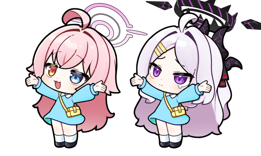 2girls aged_down ahoge alternate_costume bag black_halo black_horns black_shoes blue_archive blue_dress blue_eyes chibi chibi_only commentary_request demon_horns dress full_body hair_ornament hairclip halo hands_up heterochromia highres hina_(blue_archive) horns hoshino_(blue_archive) kindergarten_bag kindergarten_uniform korean_commentary long_hair looking_up multiple_girls open_mouth orange_eyes pink_hair pink_halo shoes socks standing tearing_up tyjang very_long_hair white_hair white_socks