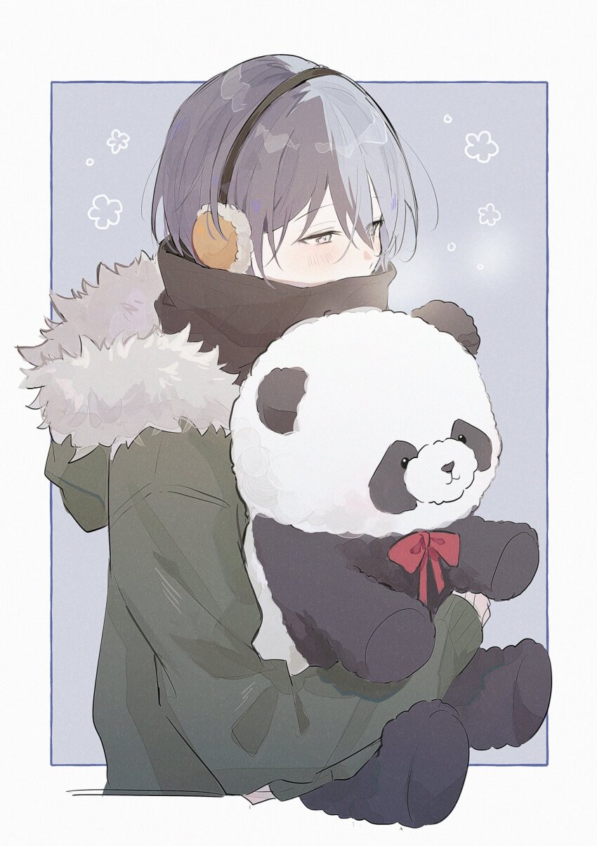 1boy aoyagi_touya black_scarf blue_hair blush bow bowtie commentary dark_blue_hair earmuffs fur-trimmed_hood fur_trim highres hood hood_down hooded_jacket jacket jishio long_sleeves male_focus mole mole_under_eye multicolored_hair hugging_object project_sekai red_bow red_bowtie scarf short_hair solo split-color_hair stuffed_animal stuffed_panda stuffed_toy two-tone_hair upper_body white_background winter